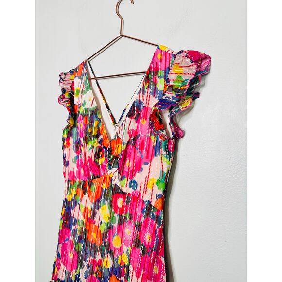 SALONI Pink Printed Silk Flutter Sleeves V-Neckline Ruffled Skirt Catia Dress 4 - Picture 4 of 15